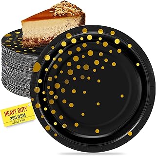 48 Pcs Gold Polka Dot Paper Plates – Heavy Duty 350GSM Disposable Party Plates for Cake