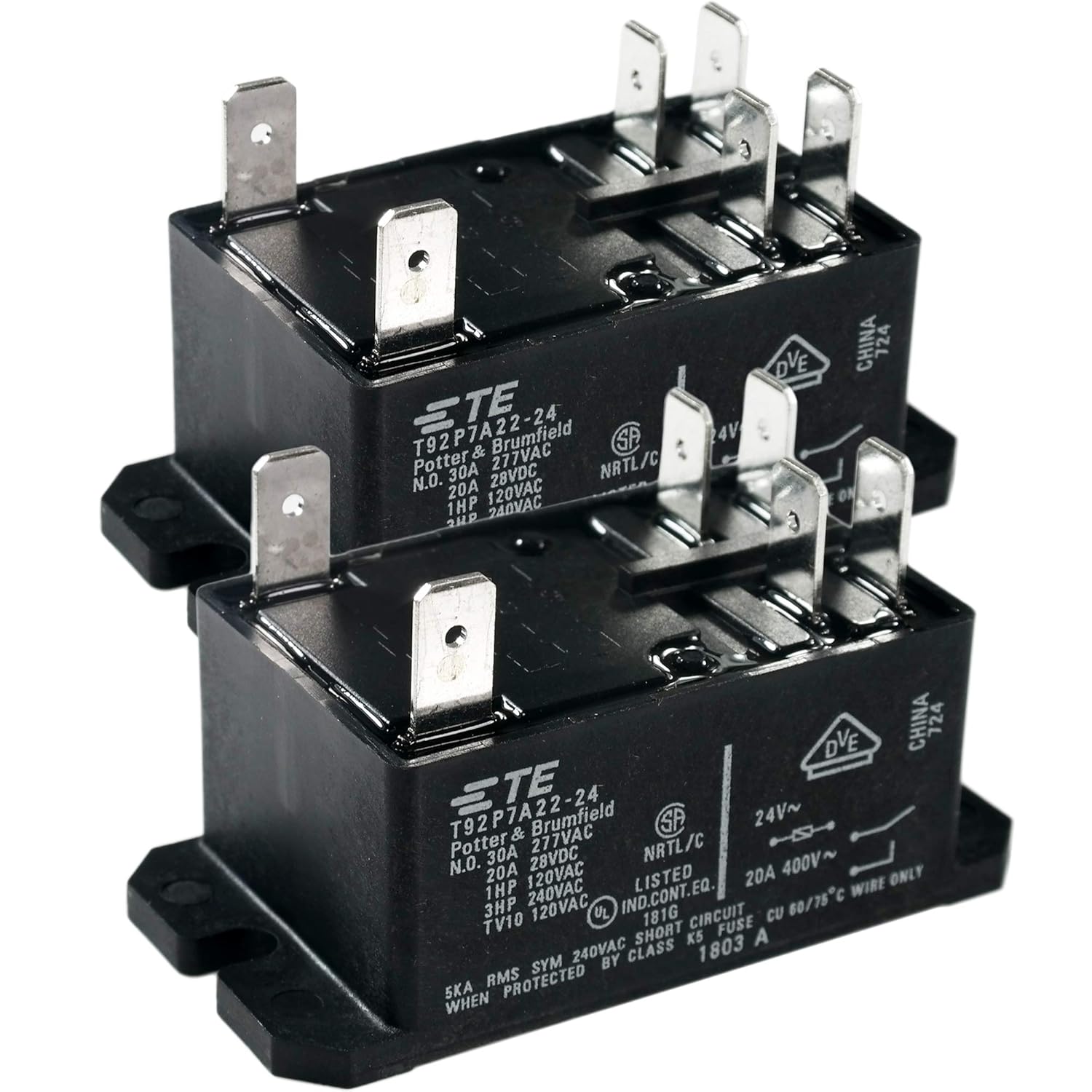 TE Connectivity/Potter @ Brumfield T92P7A22-24 Power Relay, DPST-NO, 24VAC 30A Flange (2-Pack)