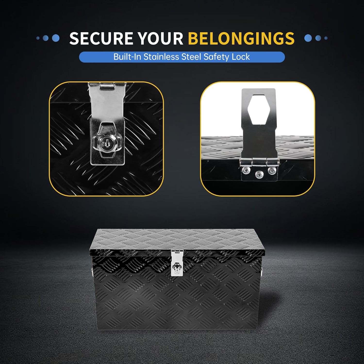 24" x 9.5" x 12.5" Aluminum Tool Box, Heavy Duty 5 Bar Tread Truck Bed Toolbox with Side Handles|Lock & Keys, Waterproof Storage Box for Truck Van Pickup Trailer, Black