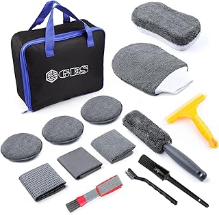 GES Kit d'outils de nettoyage de voiture 12 pièces de qualité supérieure avec gant en microfibre, serviette et brosses – Kit d'entretien complet pour roues, intérieur, cuir et extérieur (gris)