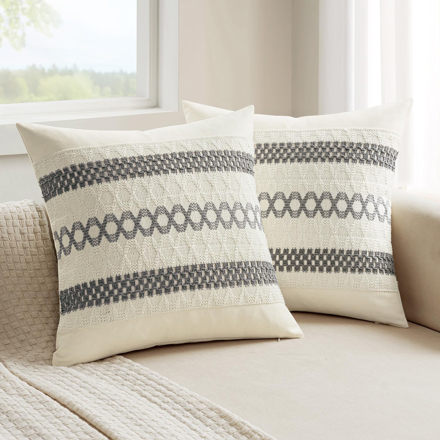 MIULEE Set of 2 Gray Boho Decorative Pillow Covers 18x18 Inch Farmhouse Rustic Couch Throw Pillows Modern Spring Cotton Cushion Covers Retro Cute