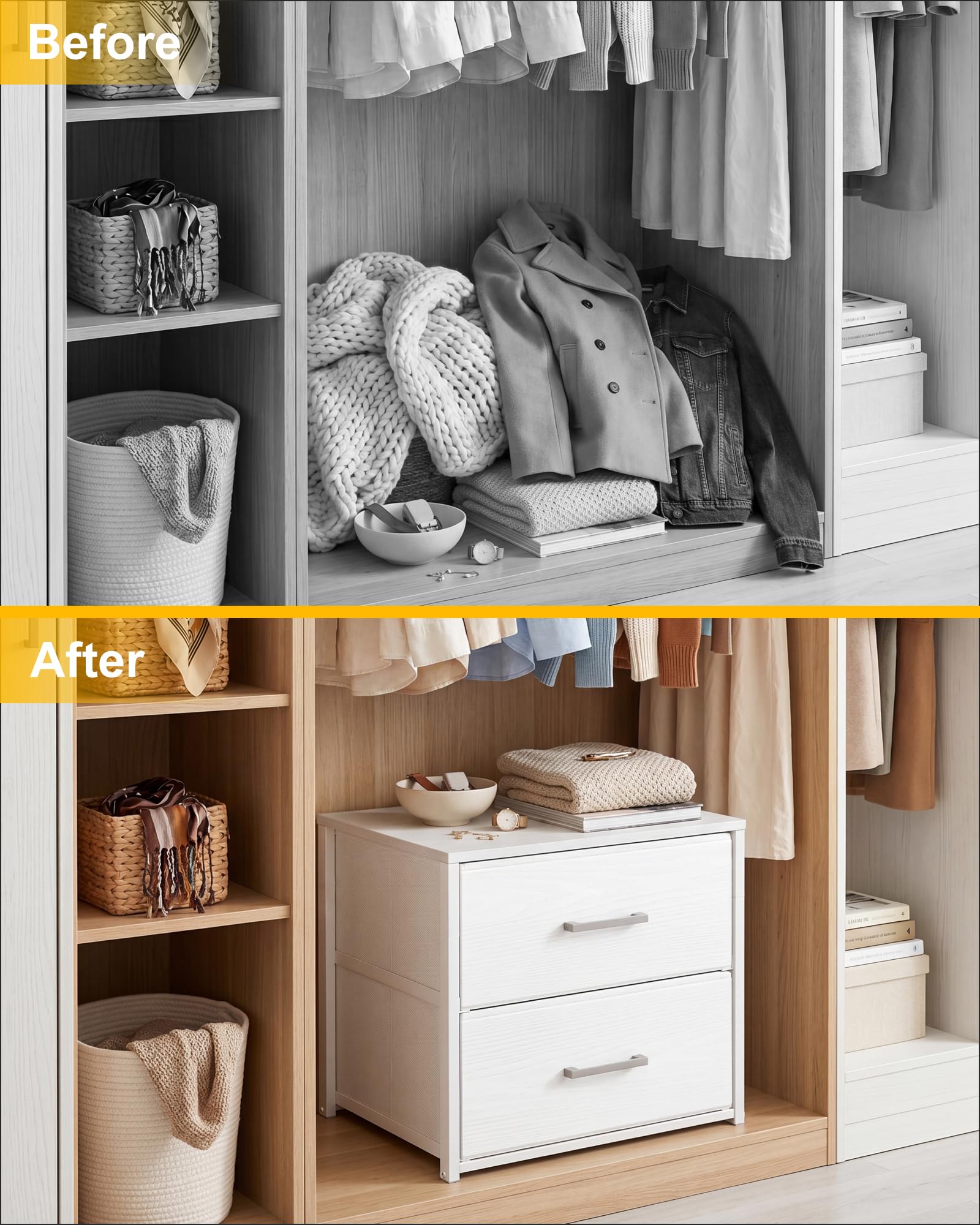 Fixwal Schrankschubladen für Kleidung, Stoff, 2 Schubladen, Schrank-Organizer, Kommode für Schlafzimmer, weiß, 40 cm breit