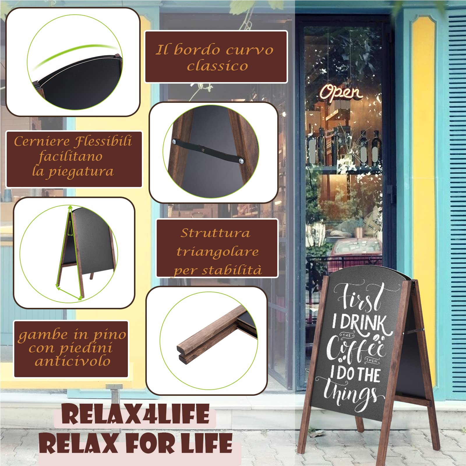 RELAX4LIFE Lavagna Nera da Terra con 2 Lati, Cavalletto in Legno di Pino, per Ristorante, Caffeteria (60 X 80 X101 cm)