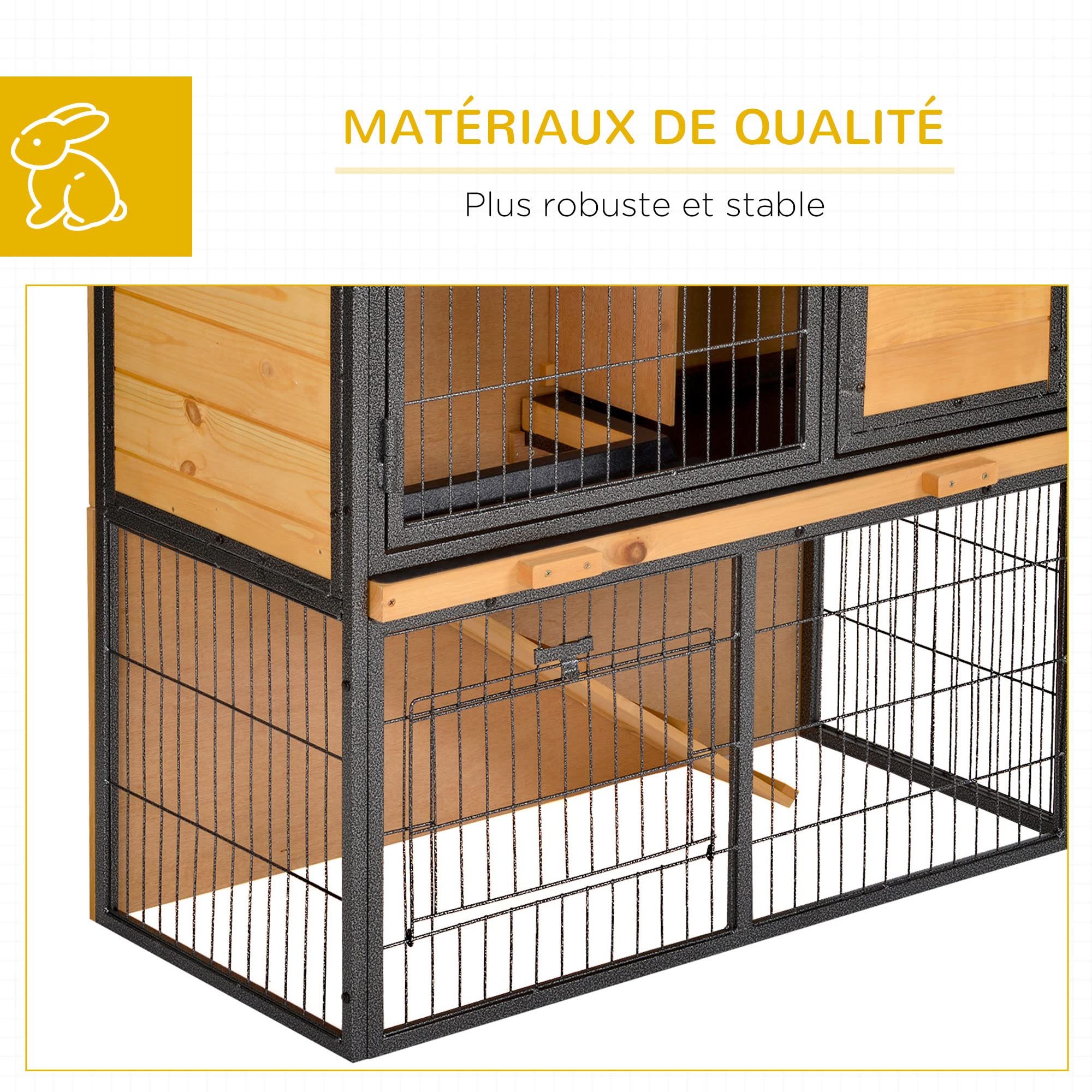 PawHut Clapier à Lapin Cage à Lapin 2 Niveaux 3 Portes verrouillables Rampe Toit ouvrant bitûmé métal époxy pin pré-huilé