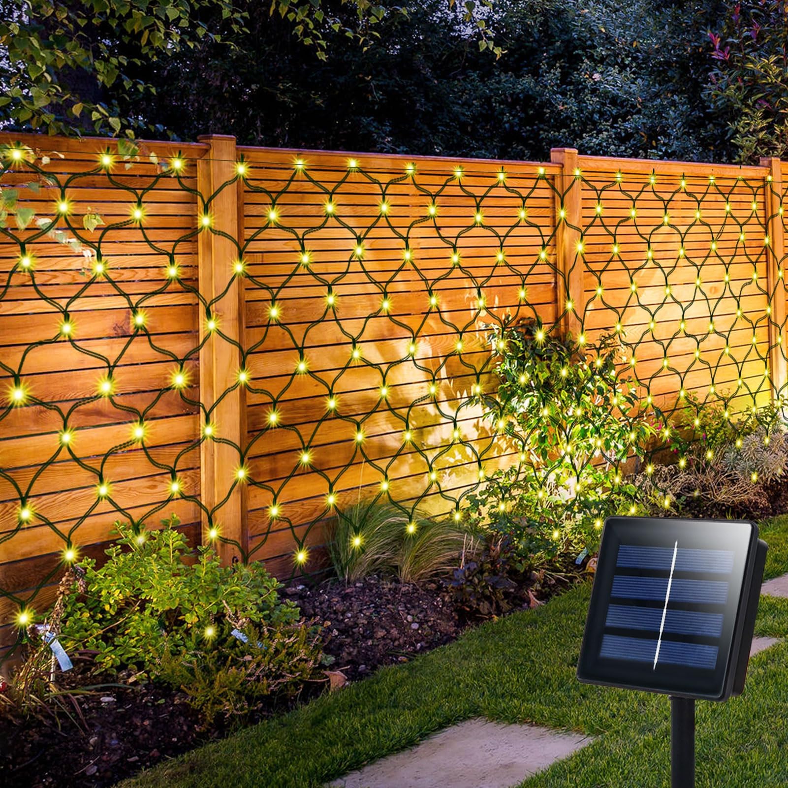 echosari Solar Net Lights Outdoor, 100 LED 5Ft x 5Ft Bush Net Light Outdoor Mesh Lights Auto On/Off 8 Modes for Tree Fence Backyard Bush Decor (Warm White)