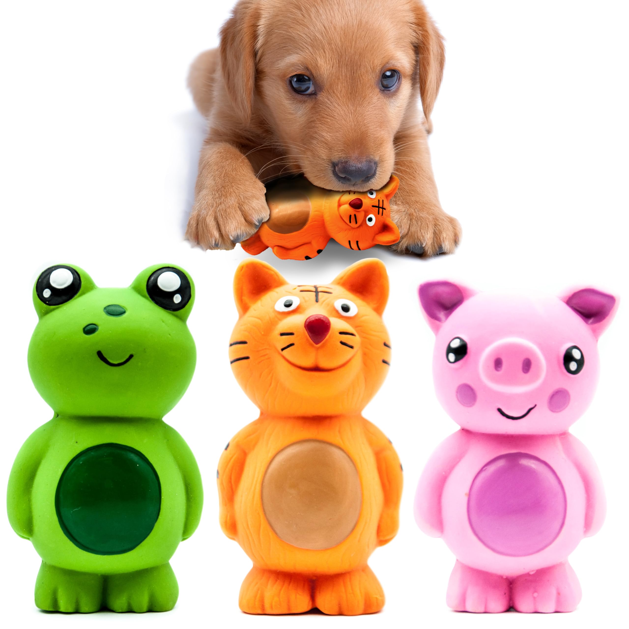 Petopedia 3x 10cm PUPPY Toys Dogs Squeaky, FROG TIGER PIG, LATEX Chew Toy Squeak, Dog Gifts & Presents, Teething, Interactive