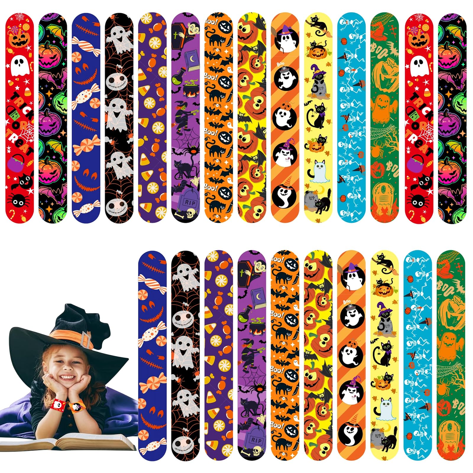 POPOYU 24Pcs Halloween Slap Bands,Slap Bracelets Snap Bands for Halloween Party Bag Fillers,HalloweenParty Favors,Wristbands for Kids Gifts Halloween.Treat or Tricks Party Supplies Classroom Prize