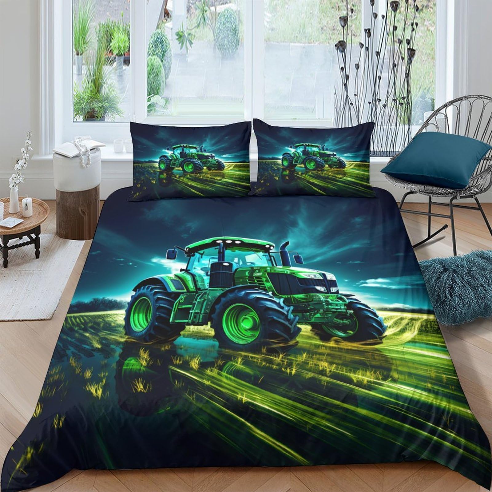 Ctjqhvkz Style-9 3D Printed Tractor Night Scene Fitted Sheet Microfiber Soft Breathable Farm Landscape Bed Cover For Bedroom Dorm Mattress Protection Decor Single（135X200cm）
