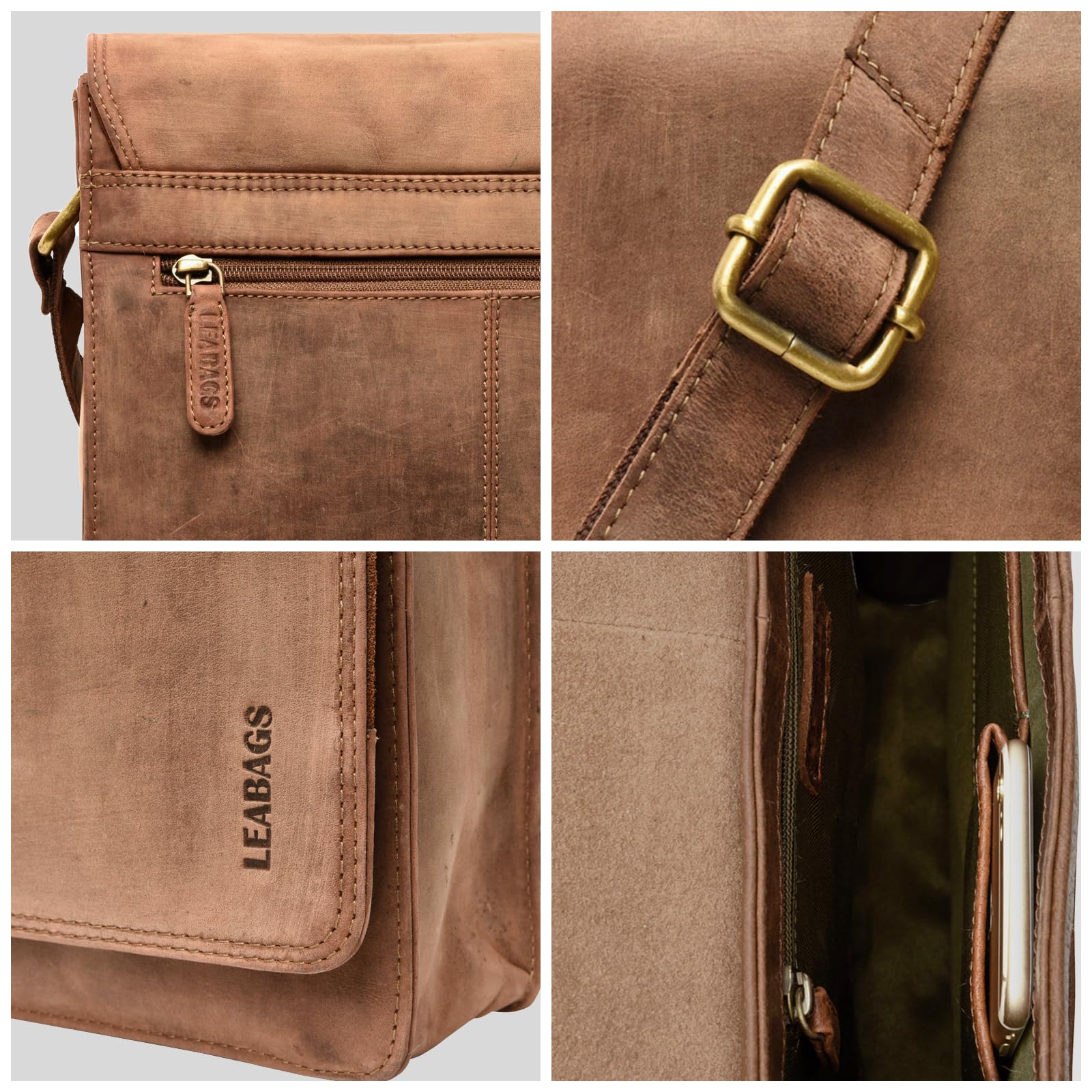 LEABAGS London Umhängetasche Herren Leder – Herrentasche zum Umhängen Echtes Leder 32x26x8 cm Kleine Schultertasche Vintage