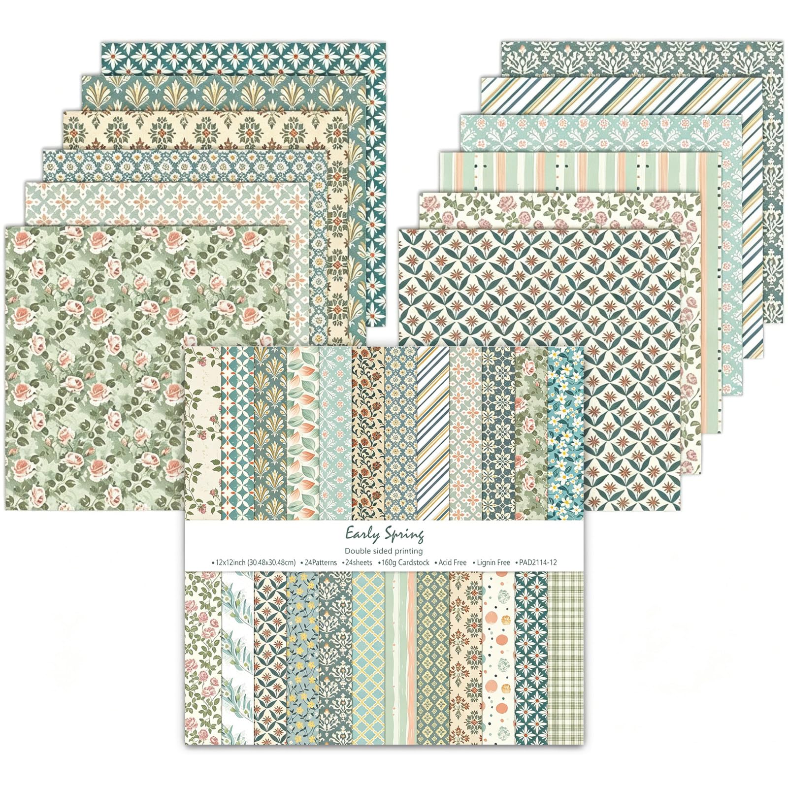 24 Sheets 12x12inch Scrapbook Paper, Double Sided Floral Paper (Green)