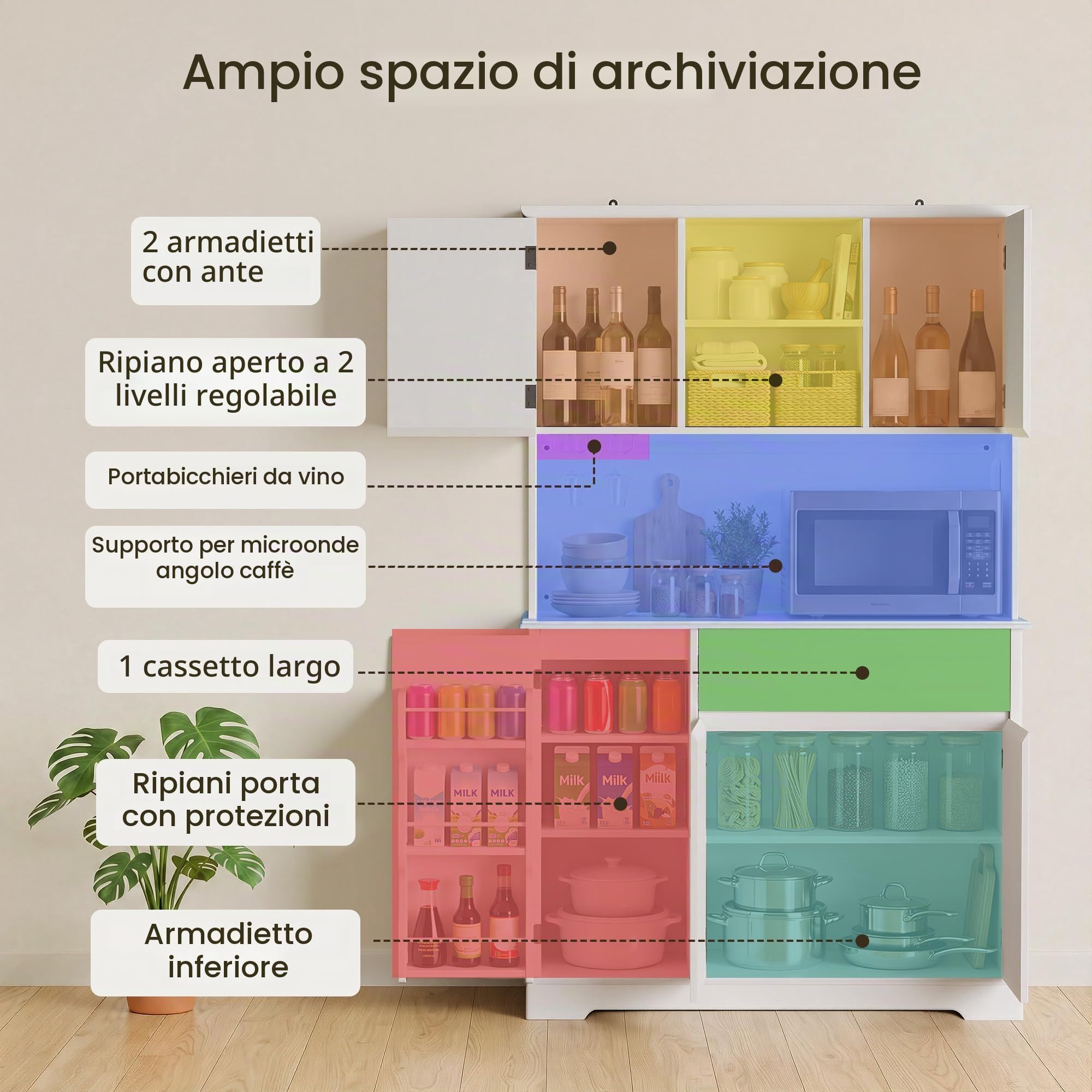 Xbro Credenza Cucina LED con Presa, Dispensa Vano Microonde 107x40x172cm