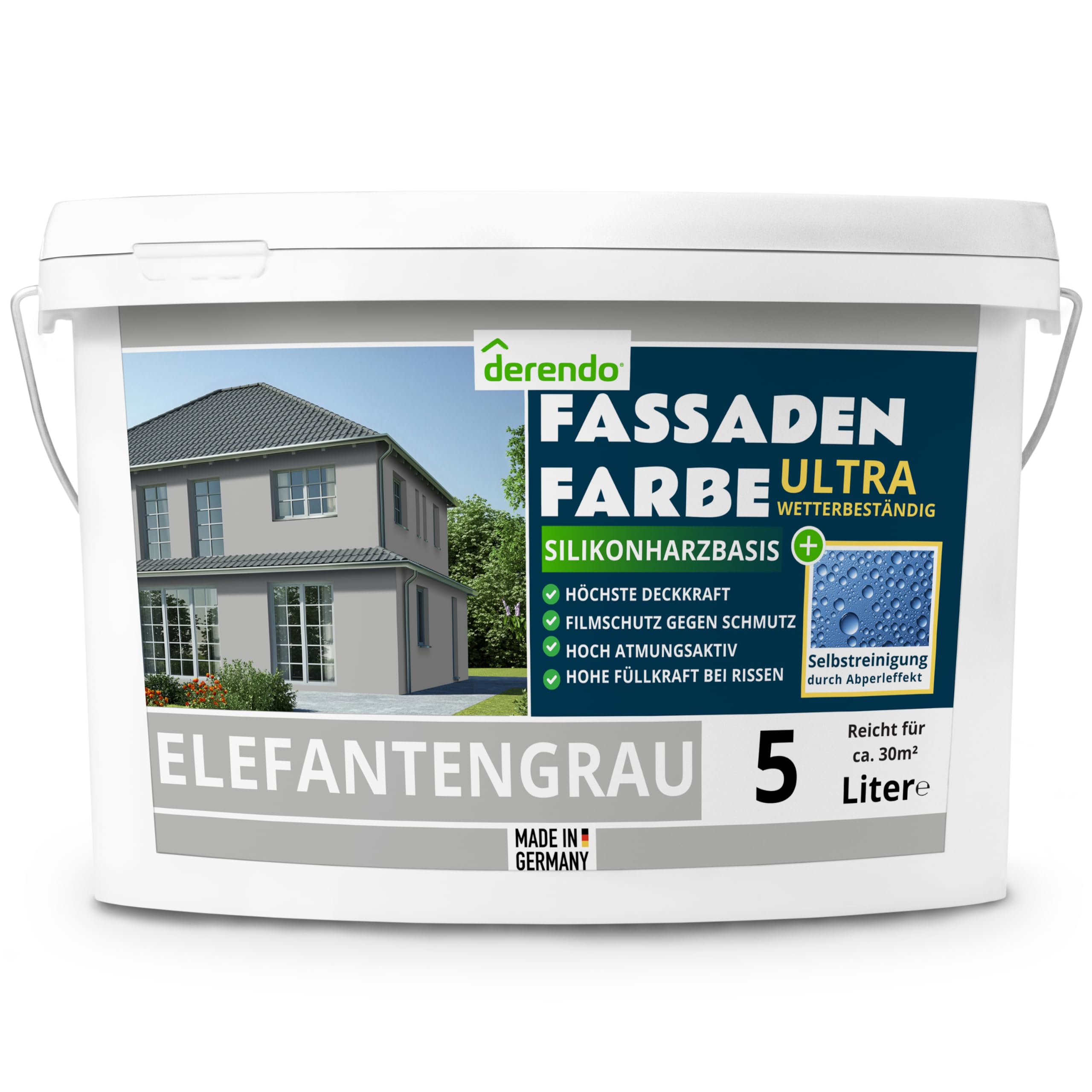 derendo Silikonharz Fassadenfarbe grau ULTRA Wetterschutz, 5l, Abperleffekt wie beim Lotus Blatt, inkl. Schutz vor Verunreinigungen durch die hochwertige Silikonharz-Beschichtung (Elefantengrau)