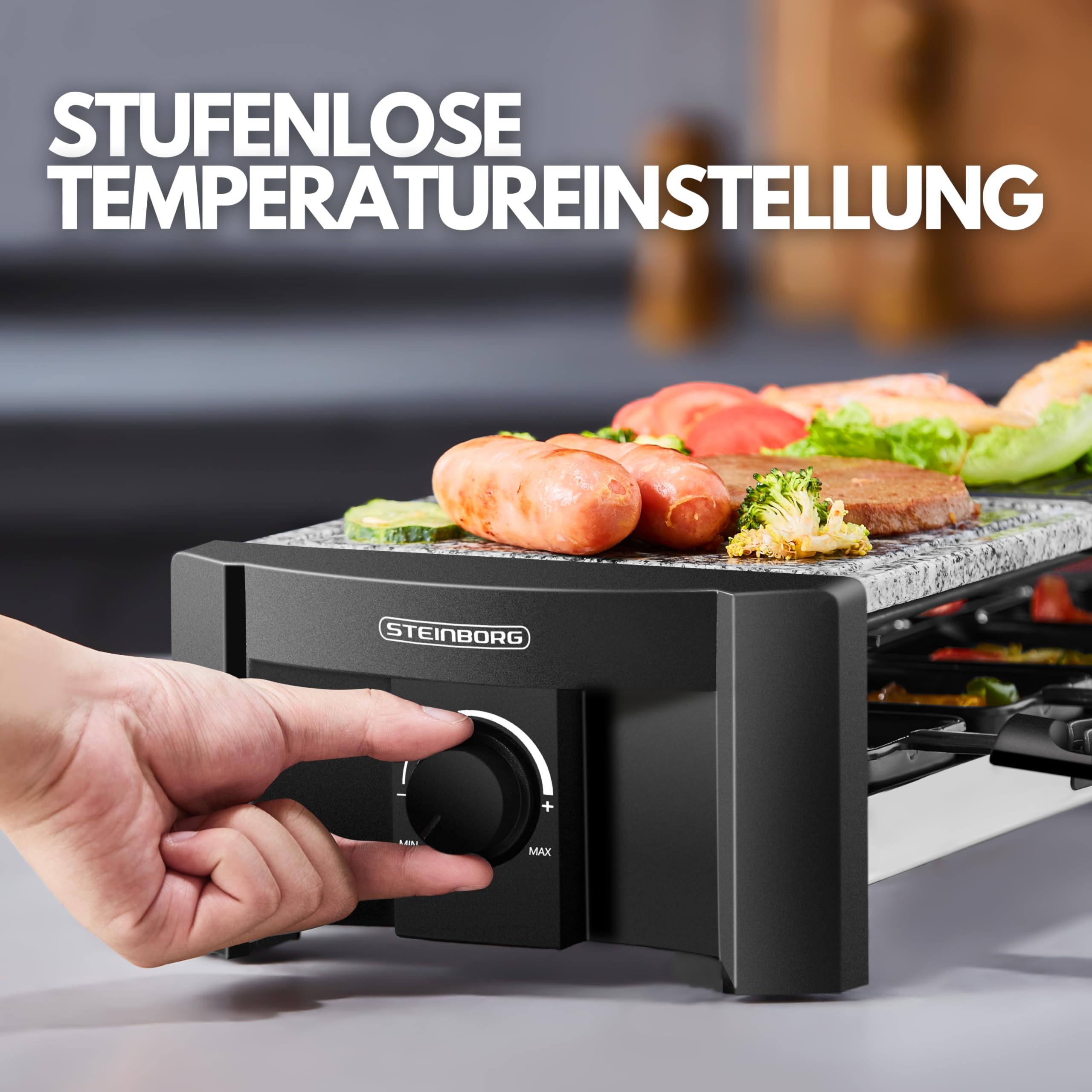 Raclette Gerät für 8 Personen | Party Grill mit Massiver Naturstein- und Beschichteter Grillplatte | Elektro Tischgrill | 1300 Watt | Heizelement aus Edelstahl