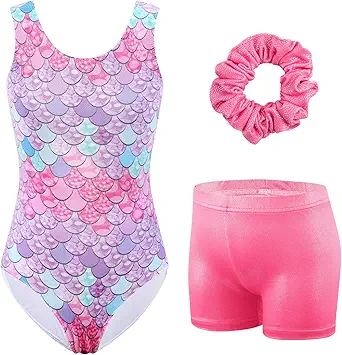 HOZIY Girls Gymnastics Leotards Outfits Sparkly Bow Back Unitards Biketard with Tumbling Shorts Hair band Kids 3-10 Years