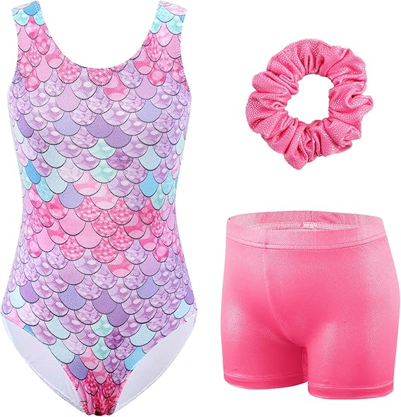 HOZIY Girls Gymnastics Leotards Outfits Sparkly Bow Back Unitards Biketard with Tumbling Shorts Hair band Kids 3-10 Years