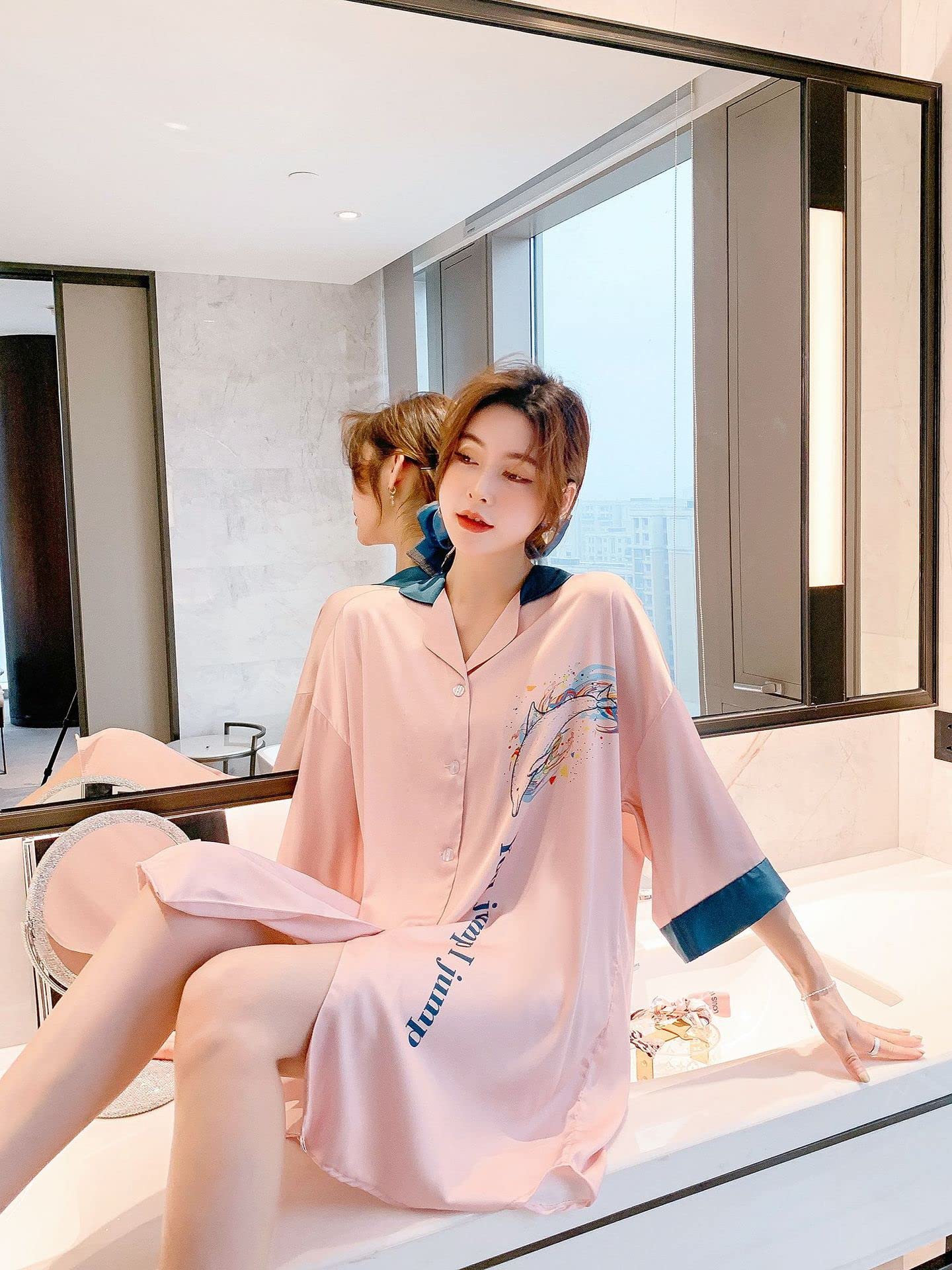 URYYRIT Schlafanzug Gelbe Dünne Home Ice Seide Pyjamas Frauen Sommer Dreiviertelhülle Gedruckt Nachthemd Home Service Shirt Rock