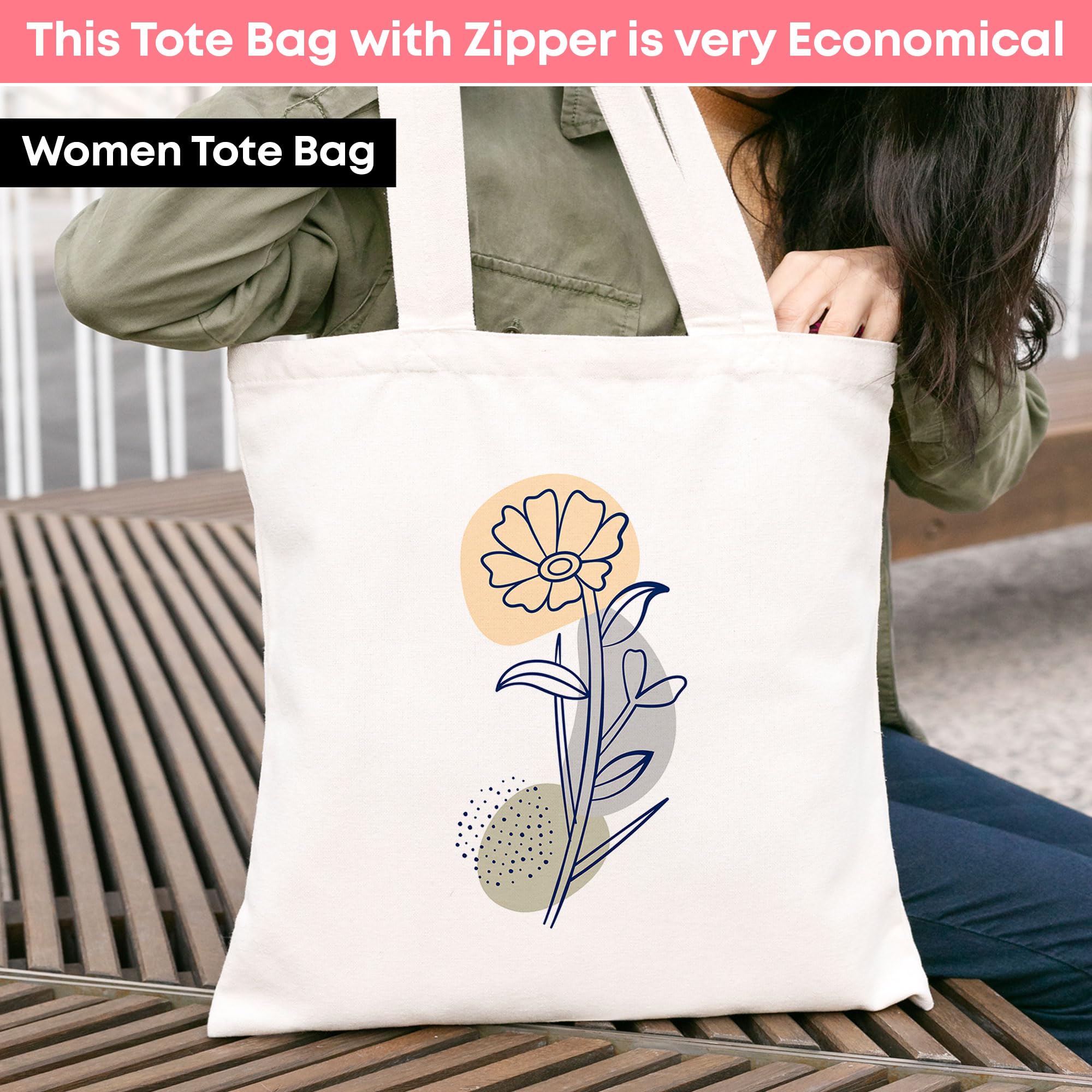 Goelite Flower Pattern Tote Bag For Women With Zipper | Canvas Cloth Totes For Grocery, Shopping, Girls College And Daily Use | Aesthetic Stylist Look Travel Handbag For Multipurpose Use 1