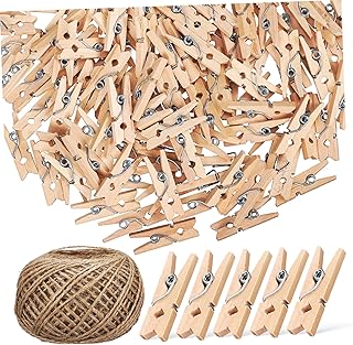 PLAFOPE Jute Rope 1 Roll Jute Rope Natural Rope Garden Twine Strings with 150Pcs Wooden Clips for DIY Arts Crafts Gift Wrapping