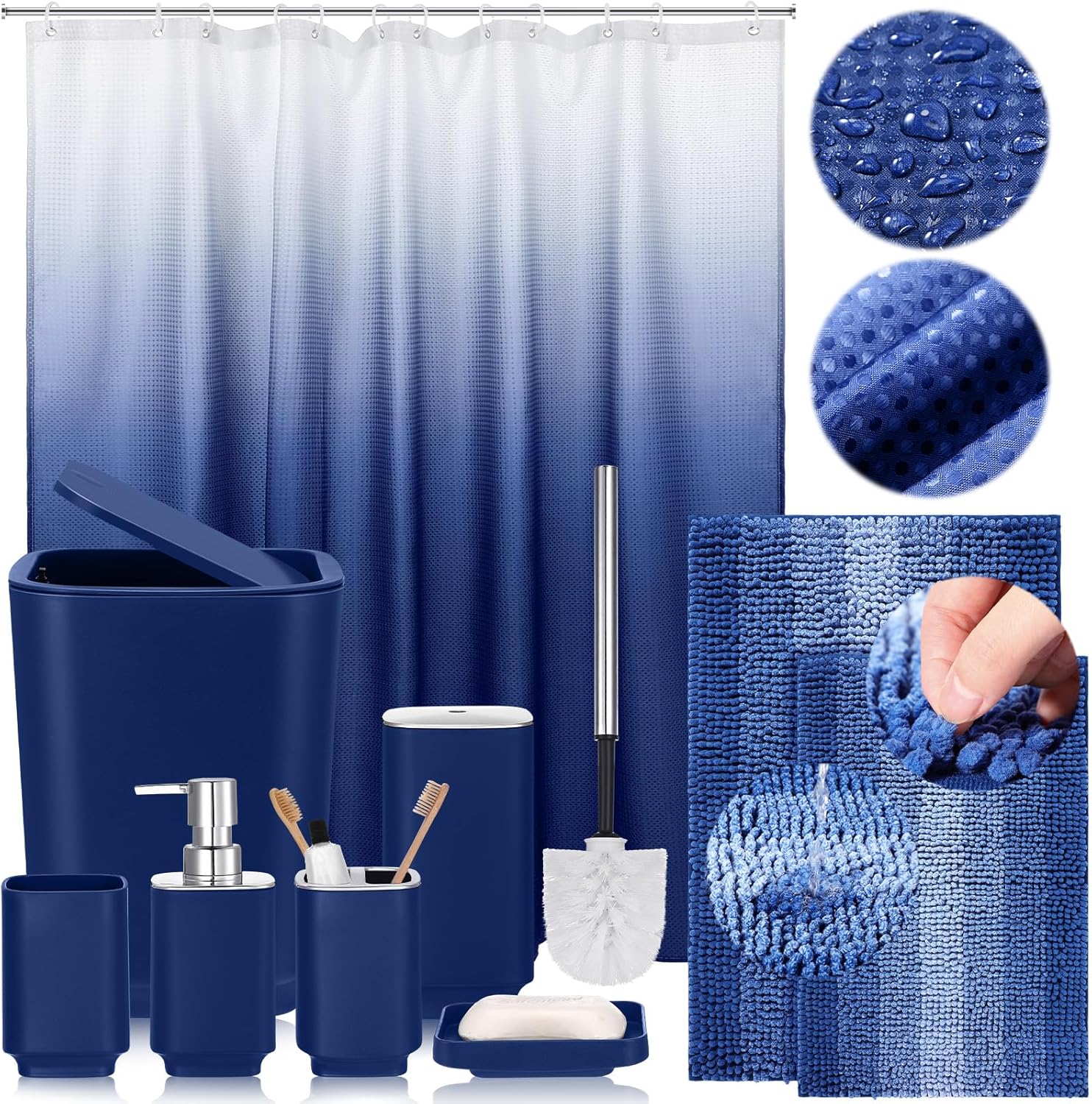 9 Pcs Blue Ombre Bathroom Accessory Set Shower Curtain 2 Pcs Non Slip Bathroom Rugs Toilet Brush Trash Can Soap Dispenser Soap Dish Cup Toothbrush Holder and Hooks for Bathroom Decor