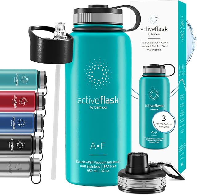 Butelka do picia ze stali nierdzewnej ACTIVE FLASK + słomka (3 pokrywki) wolna od BPA, szczelna, odpowiednia na dwutlenek węgla - butelka na wodę termos rowerowy izolowana izolowana butelka sportowa
