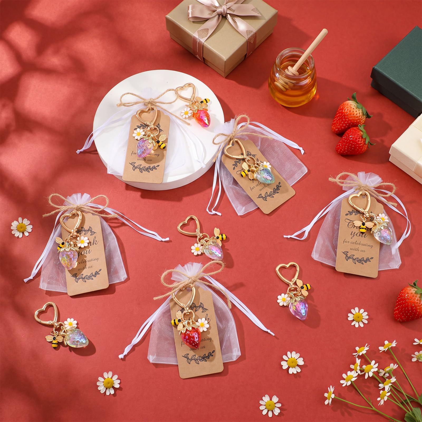 Ecation Set di 20 portachiavi a forma di fragola, regalo per feste, set regalo per donne, grazioso portachiavi per borsa, accessori con biglietto di ringraziamento