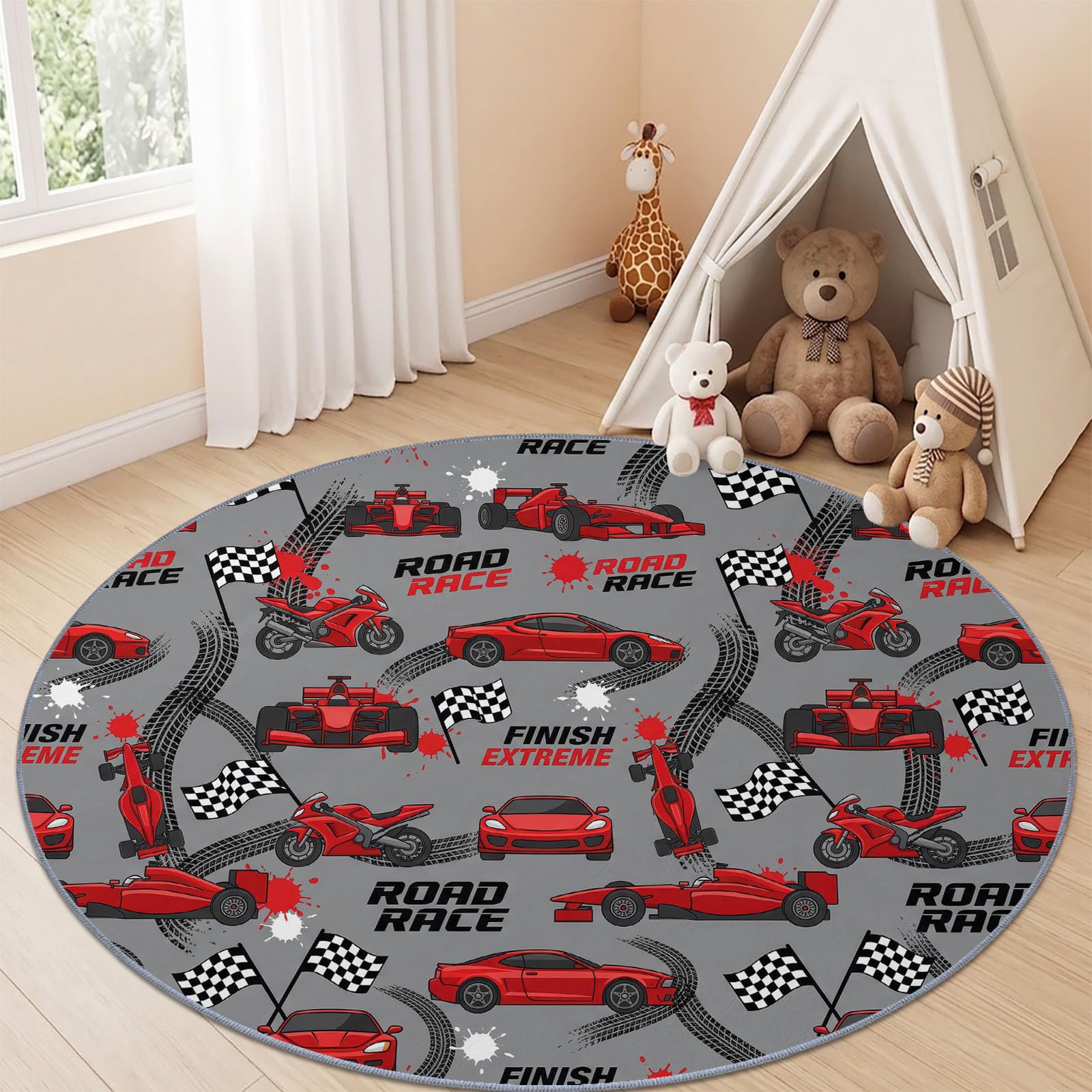 Tapis Rond de Voiture De Course Dessin Animé 150 cm pour Chambre d'enfant