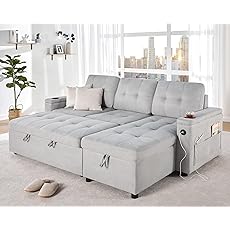 VanAcc Sofa Bed, Modern Tufted Convertible Sleeper Sofa, USB Charging Ports & Cup Holders, Pull Out Couch Bed with Storage Chaise, Chenille Couches for Living Room (Light Grey), 84in x 52in x 36in