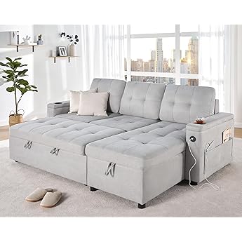 VanAcc Sofa Bed, Modern Tufted Convertible Sleeper Sofa, USB Charging Ports & Cup Holders, Pull Out Couch Bed with Storage Chaise, Chenille Couches for Living Room (Light Grey), 84in x 52in x 36in