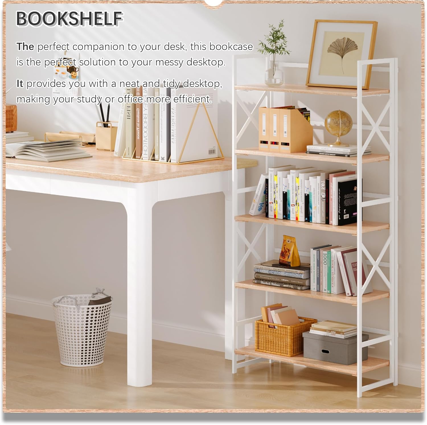 4NM 5 Tiers No Assembly Book Shelves, 51.2" H Folding Bookshelf Bookcase Open Industrial Foldable Shelves for Bedroom, Living Room, Home Office - Natural White - Image 3