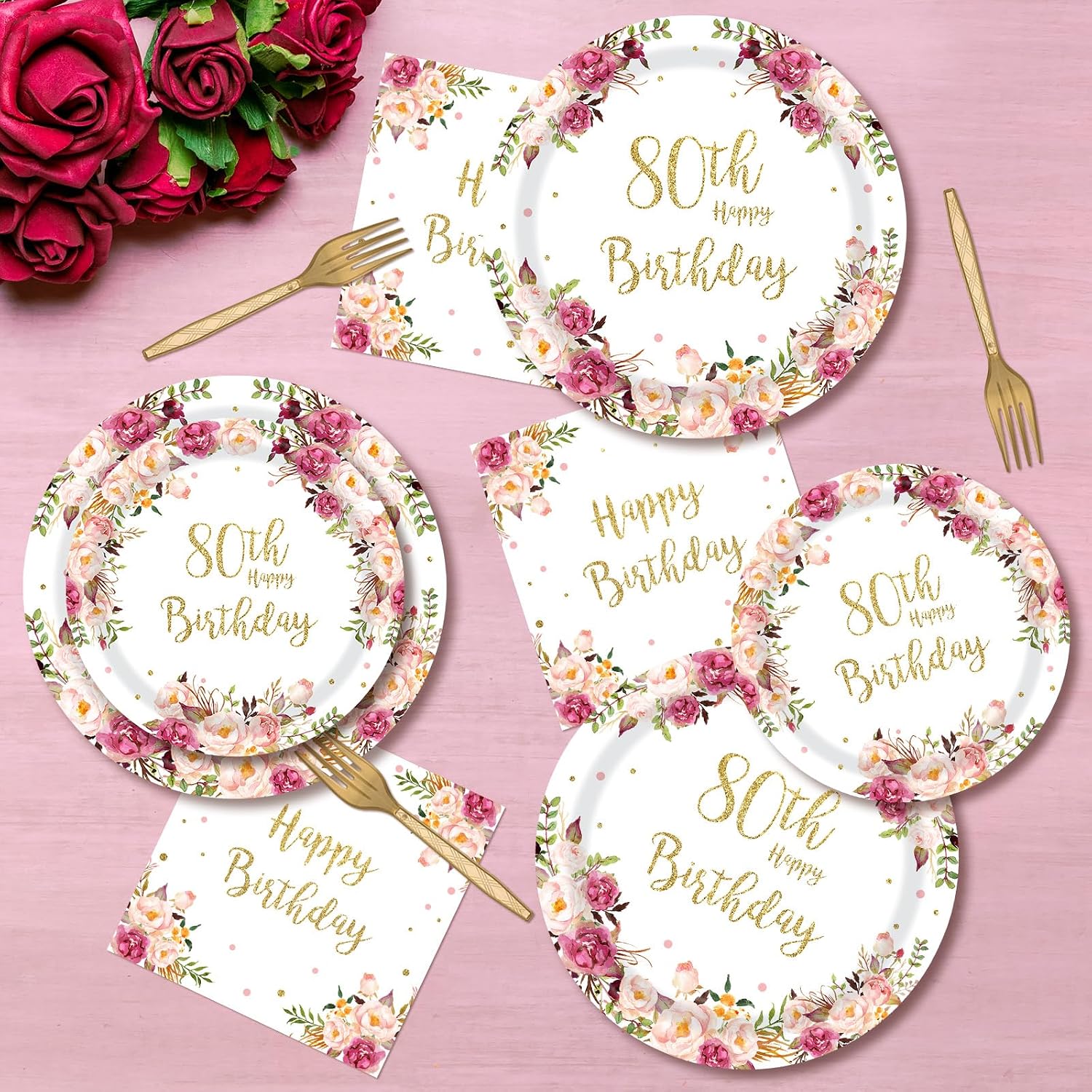Happy 80th Birthday Tableware Party Decorations for Women, 24 Guests | 96pcs, Floral Design, Paper Plates Napkins Forks Set, Disposable, Waterproof, Oil resistant, Easy Cleanup