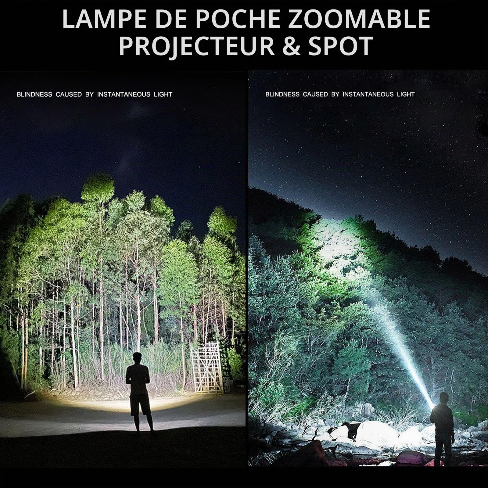 ASORT Lampe de poche rechargeable 990 000 lumens, extrêmement lumineuse, rechargeable par USB, lampe de poche tactique, zoomable, étanche IP67, 10 modes d'éclairage pour la maison, l'extérieur, les