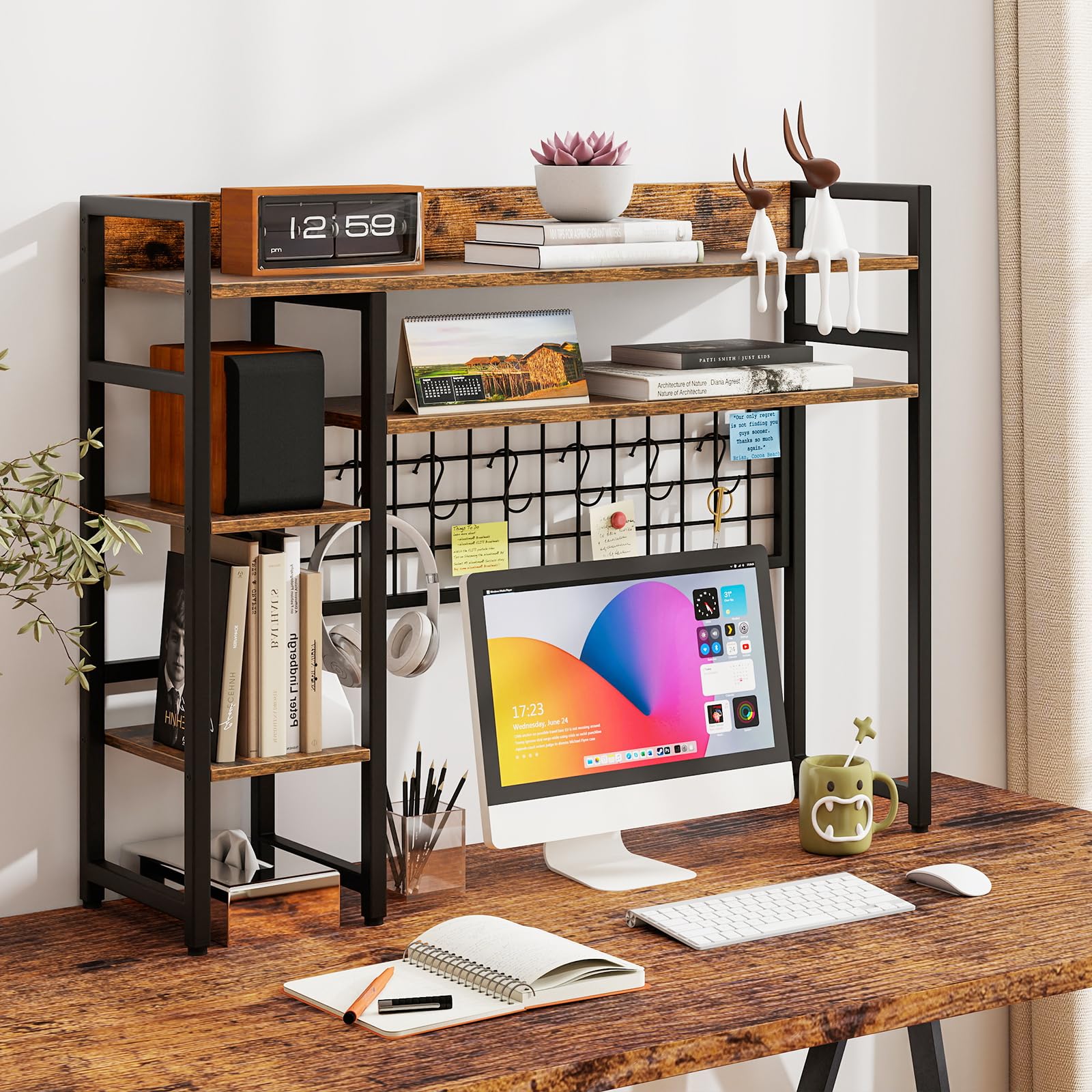SPORFIT Desk Hutch Shelf, 37” Desktop Organizer Shelf for Up to 32” Computer Monitor, 4 Tier Countertop Display Rack with Pegboard Hooks Set, Wood
