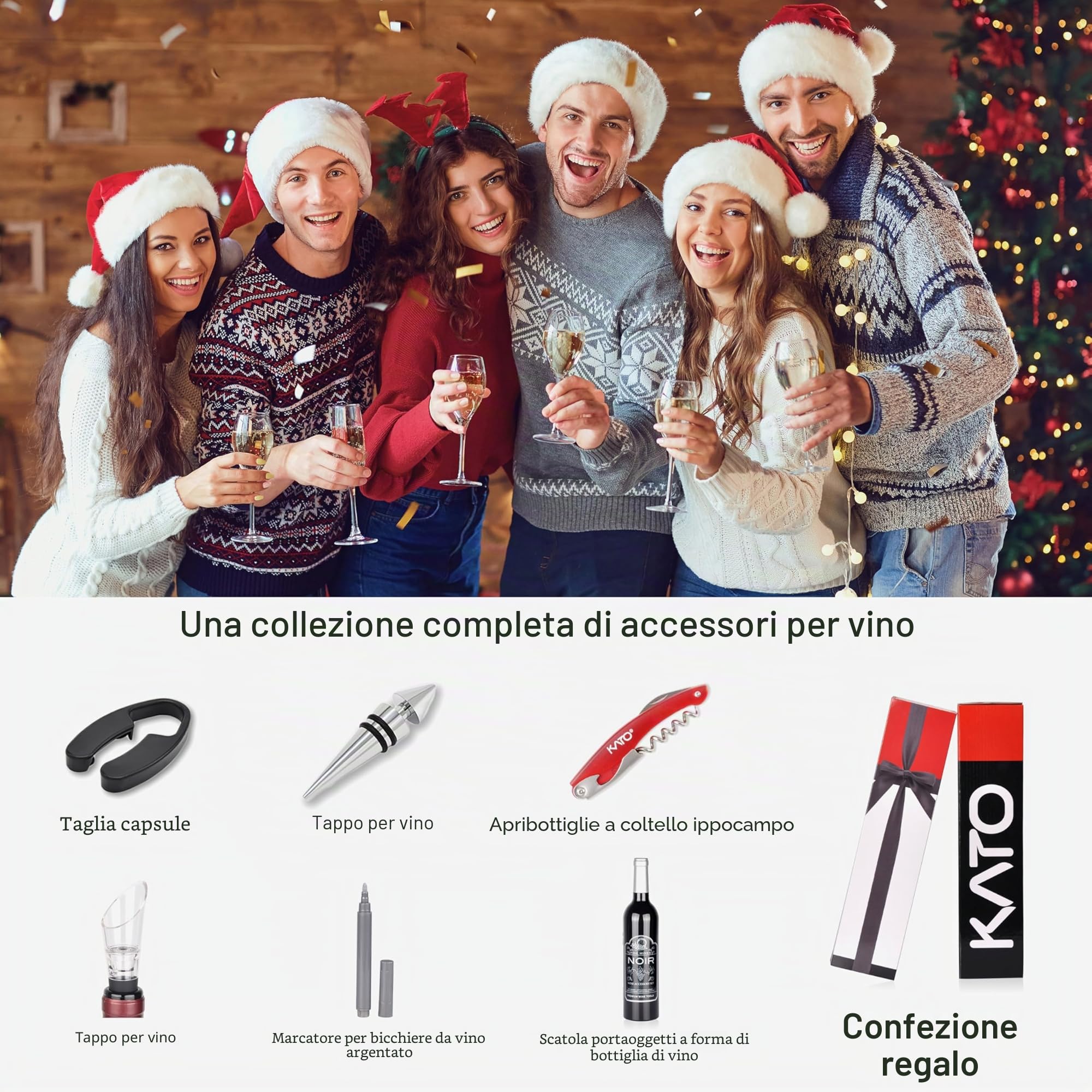 Kato Wine Cavatappi, Kit apribottiglie per vino, Set di accessori per vino, 5 pezzi, Regalo di San Valentino perfetto per amanti del vino e bevitori, Argento