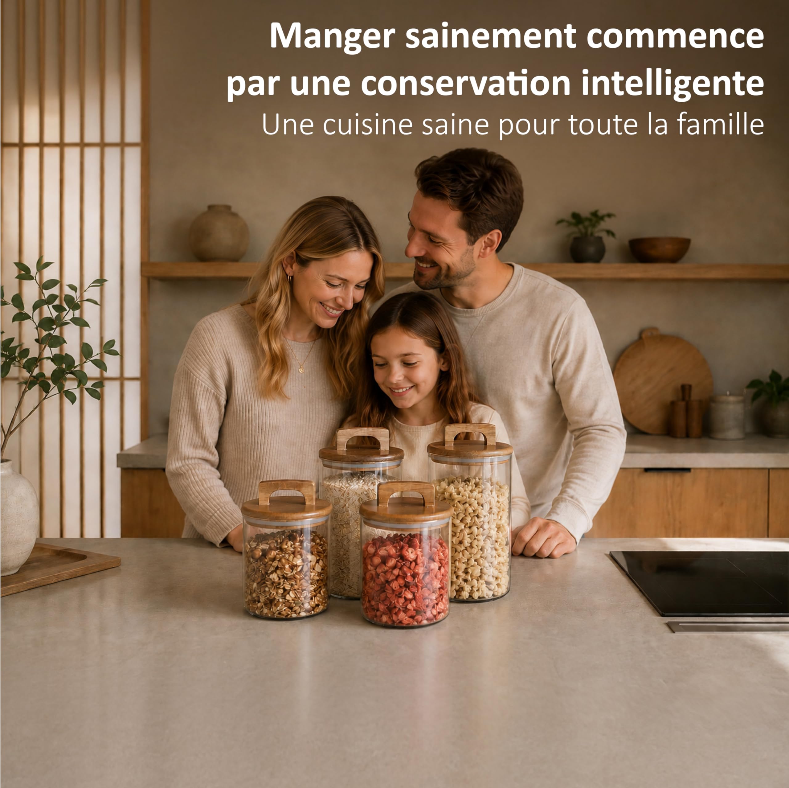 Bocaux en verre avec couvercle en acacia – Lot de 4 bocaux de conservation hermétiques 1000 ml & 1600 ml – Boite de rangement cuisine pour pâtes, riz, café et aliments