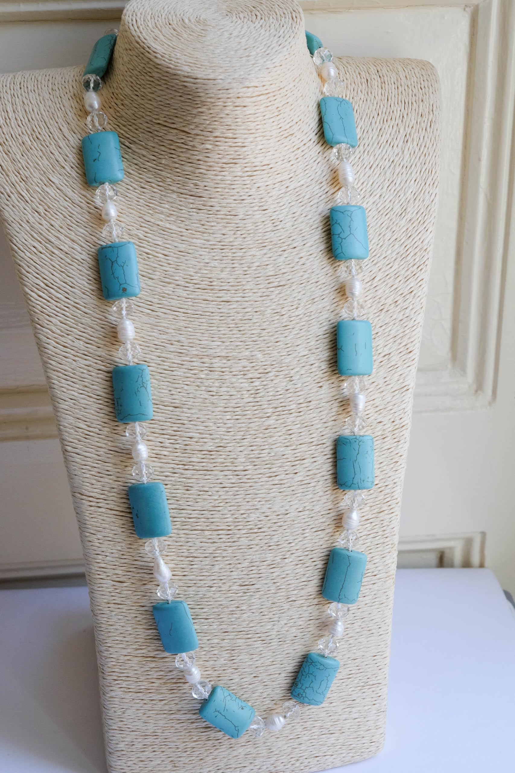 Collana in aulite turchese, perle, cristalli, collana italiana