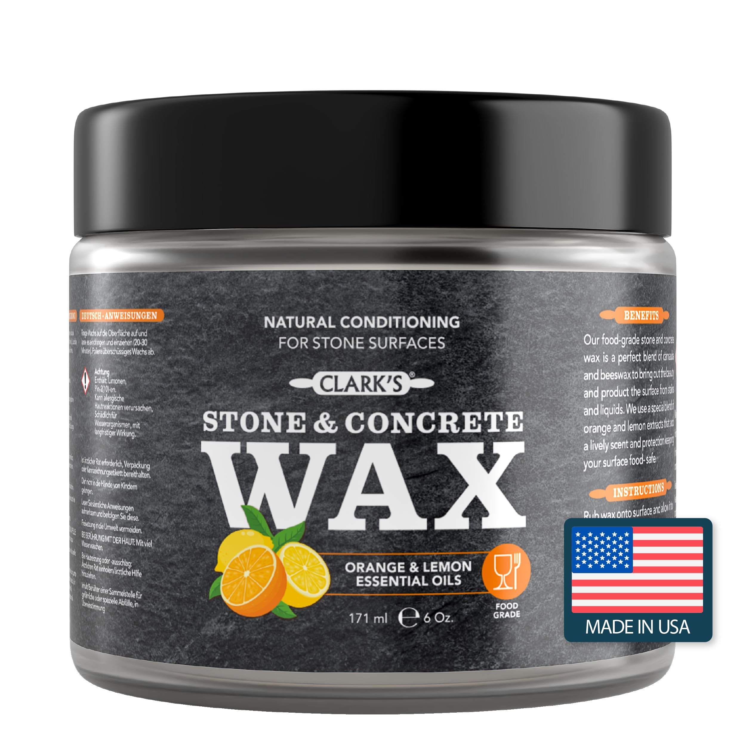 CLARK'S Soapstone - Slate and Concrete Wax - Enriched with Citrus Oils - Natural Beeswax and Carnauba Blend - Ideal for Stone Countertops - Varnish Concrete - Slate Polish - Concrete Table Wax - 177ml