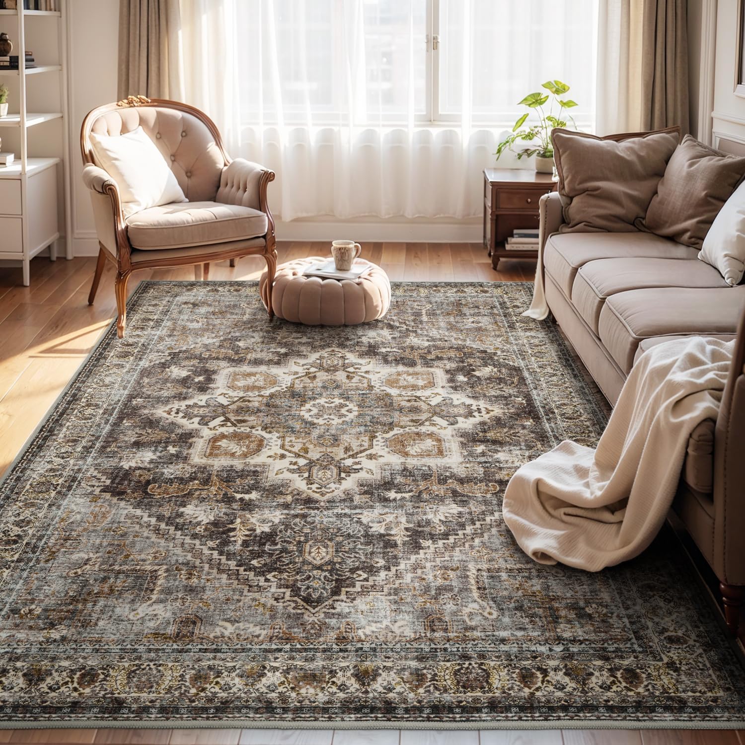 Brown Rugs for Living Room 8x10 Area Rug Soft Living Room Carpet-Rugs for Bedroom Machine Washable Rug Vintage Oriental Floral Dining Room Rug Non Slip Dark Brown 8' x 10' (Rectangular)