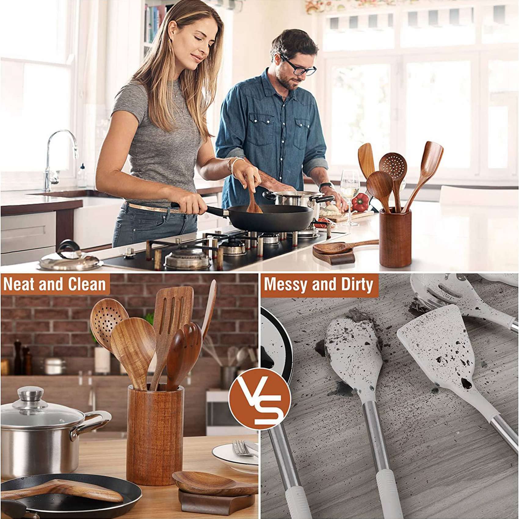 36 Cucharas de Madera para Cocinar, Utensilios de Madera para Cocinar con Soporte para Utensilios, Juego de Utensilios de Cocina de Madera de Teca