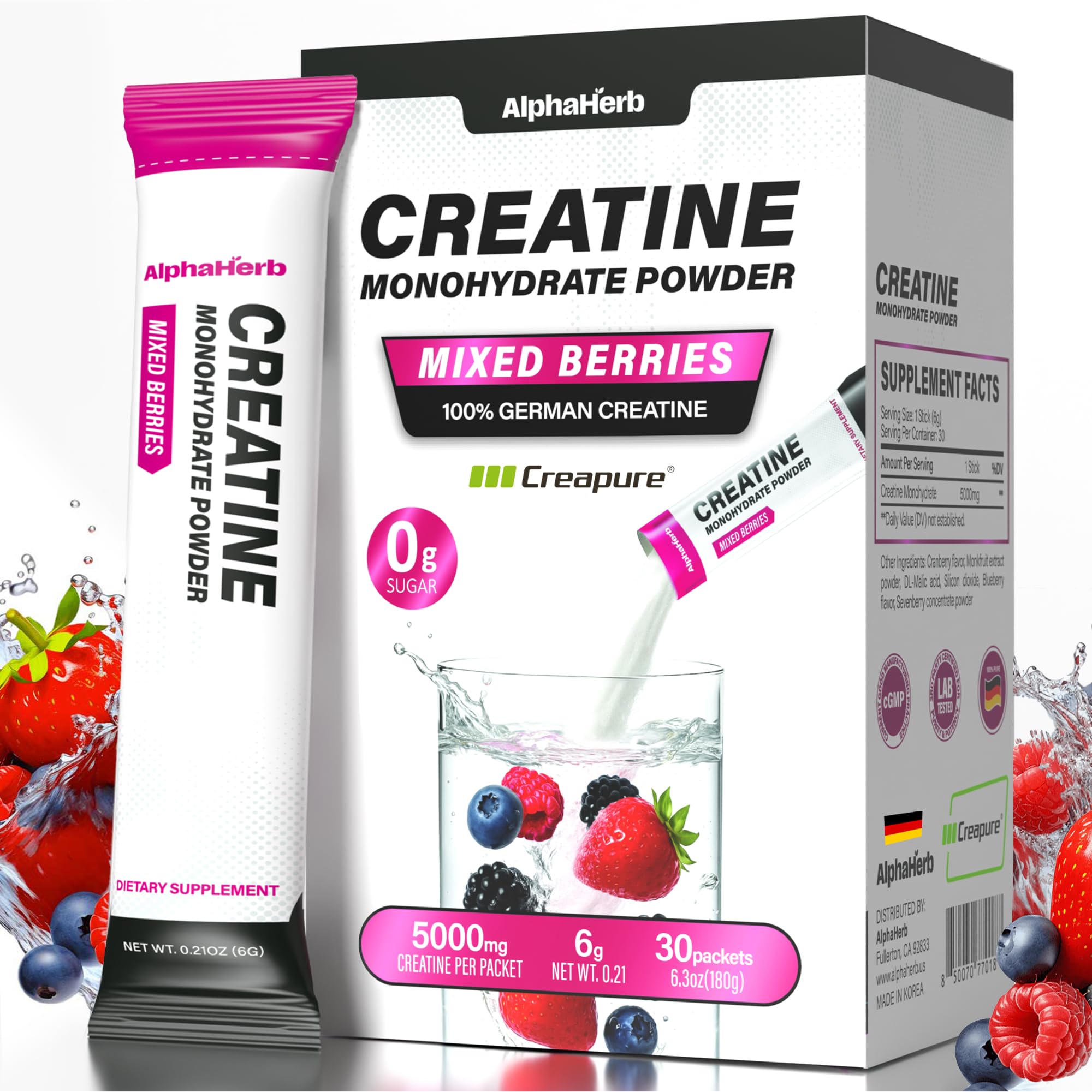AlphaHerb Suplemento de Creatina Creapure Monohidratada 5 g 30 sachês