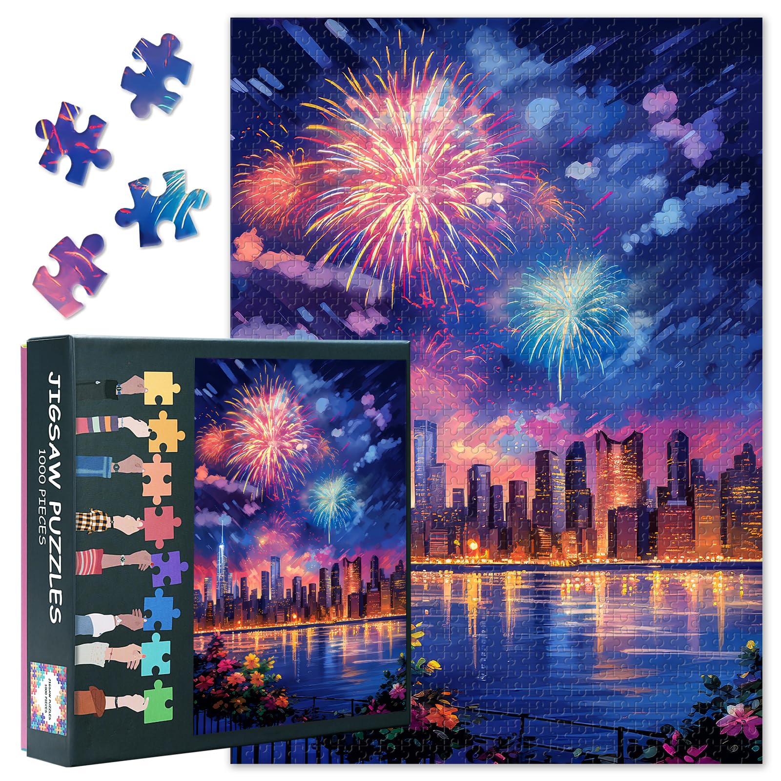 Fireworks Puzzles for Adults 1000 Pieces, Cityscape Jigsaw Puzzles, Adult Puzzle for Adults, Educational Fun Games or Toys for Elders Friends 20X27 INCH