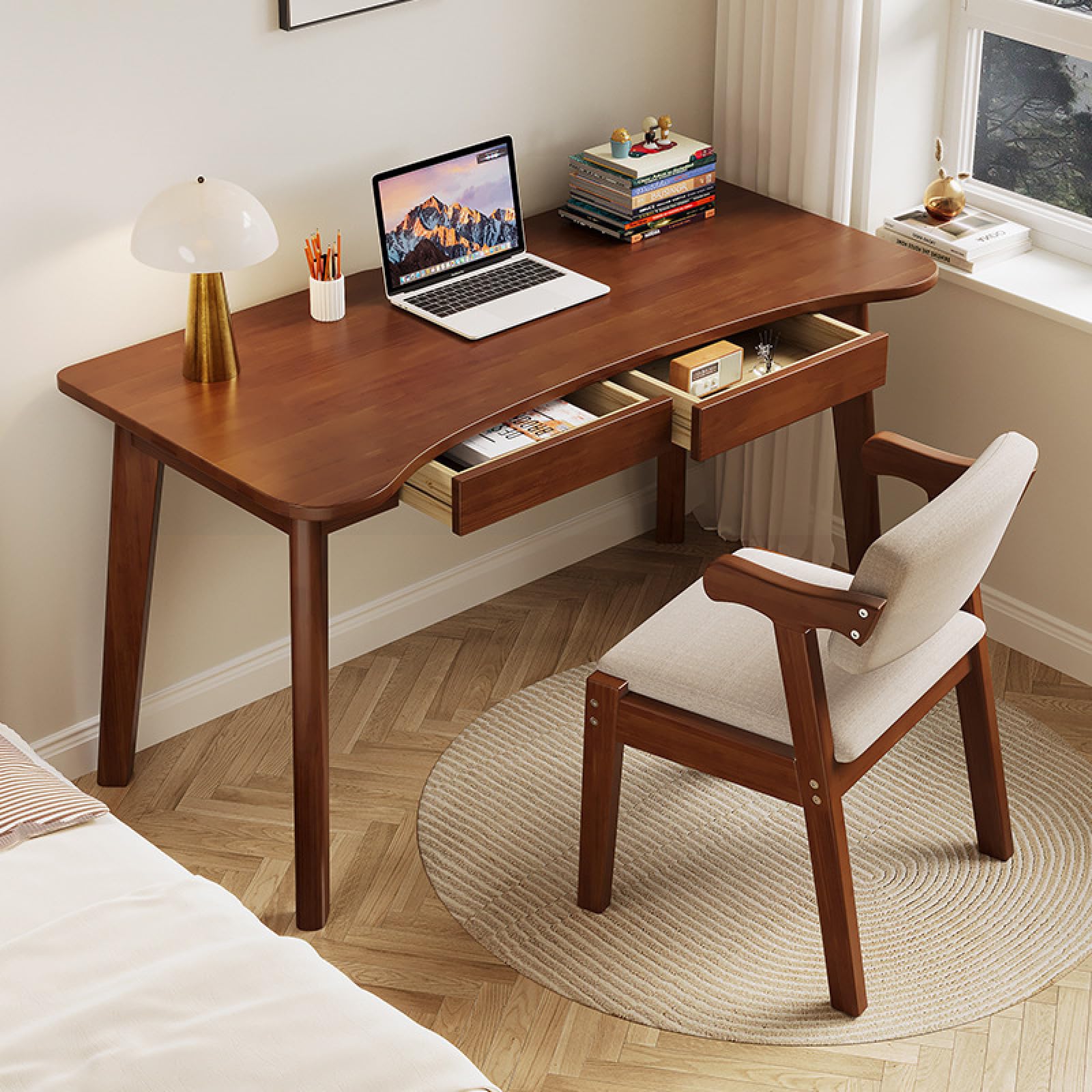 Schreibtisch aus 100% massiver Eiche – Home-Office-Schreibtisch mit Schubladen, Moderne Möbel mit gebogener Platte, Kleiner Arbeitstisch für Schlafzimmer (47 Zoll, Walnuss)