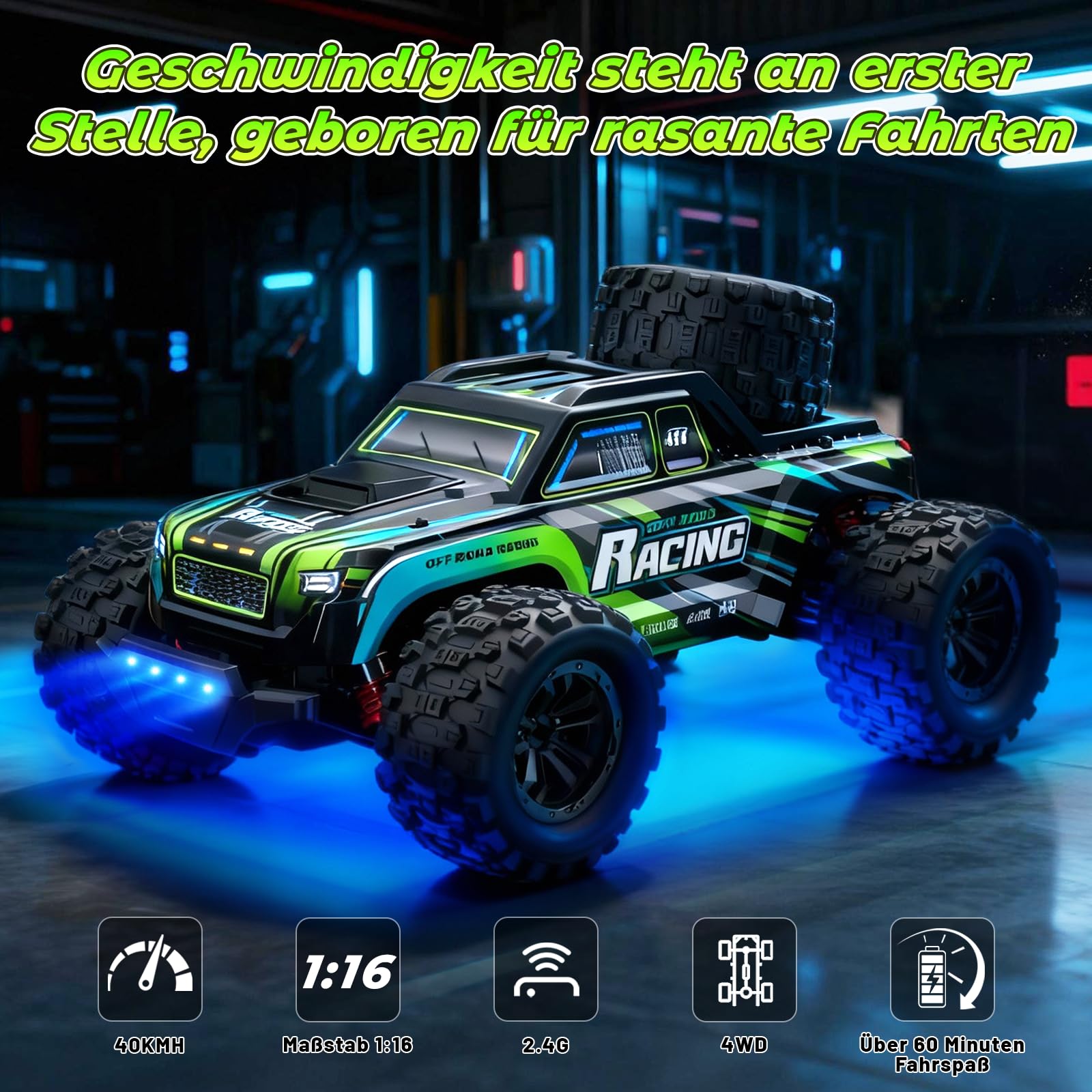 Macchina Telecomandata - Auto telecomandata ad alta velocità 1:16 38 km/h 4x4 All Terrains 2.4G RC Truck con luci RGB respiranti Veicolo RC fuoristrada con 2 batterie ricaricabili - Verde