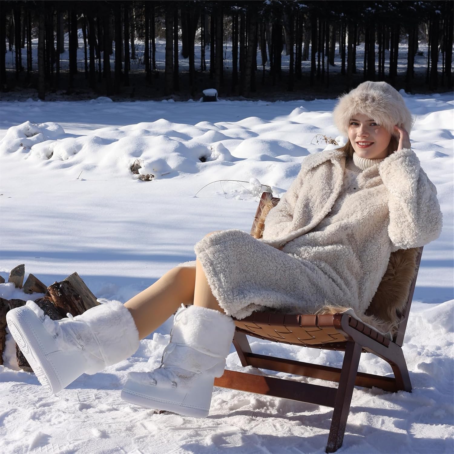 Faux Fur Boots for Women - Fuzzy Fluffy Furry Water Resistant Snow Boots for Women - Anti-Slip with Cotton Sponge Lined and TPR Rubber Sole Black White Fur Boots - Image 7