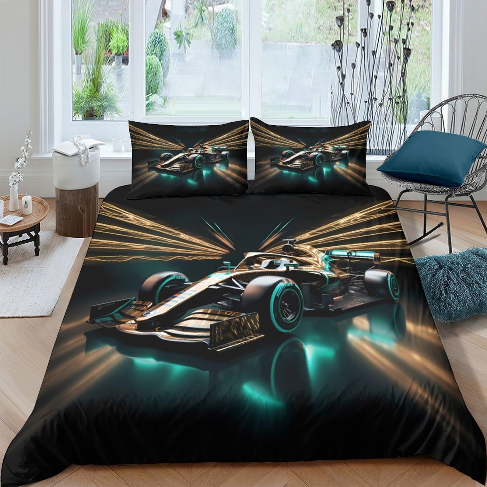 GPLZQXKJNH 3D Printed Racing Car Duvet Cover Microfiber Black Gold Bedding Set with 2 Pillowcases for Bedroom Home Decor Single（135x200cm）