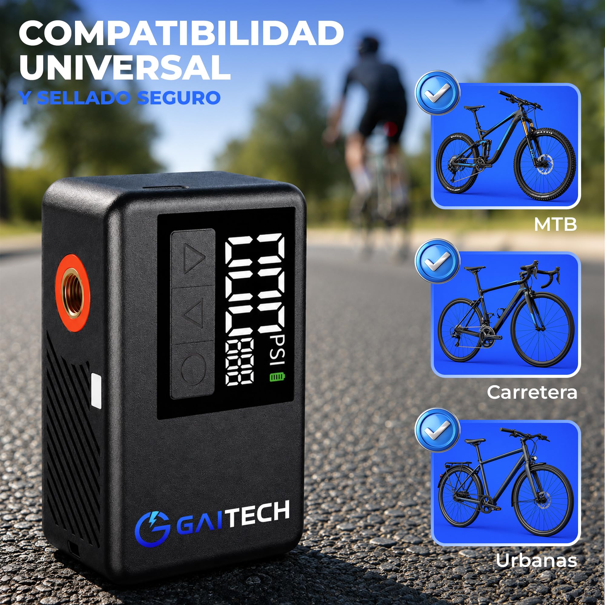 Inflador Eléctrico Bicicleta 120 PSI, Bomba de Bicicleta Portátil Recargable con Luz LED y Pantalla Digital, Hinchador Eléctrico Compacto Compatible Presta y Schrader, Inflado Rápido MTB y Carretera