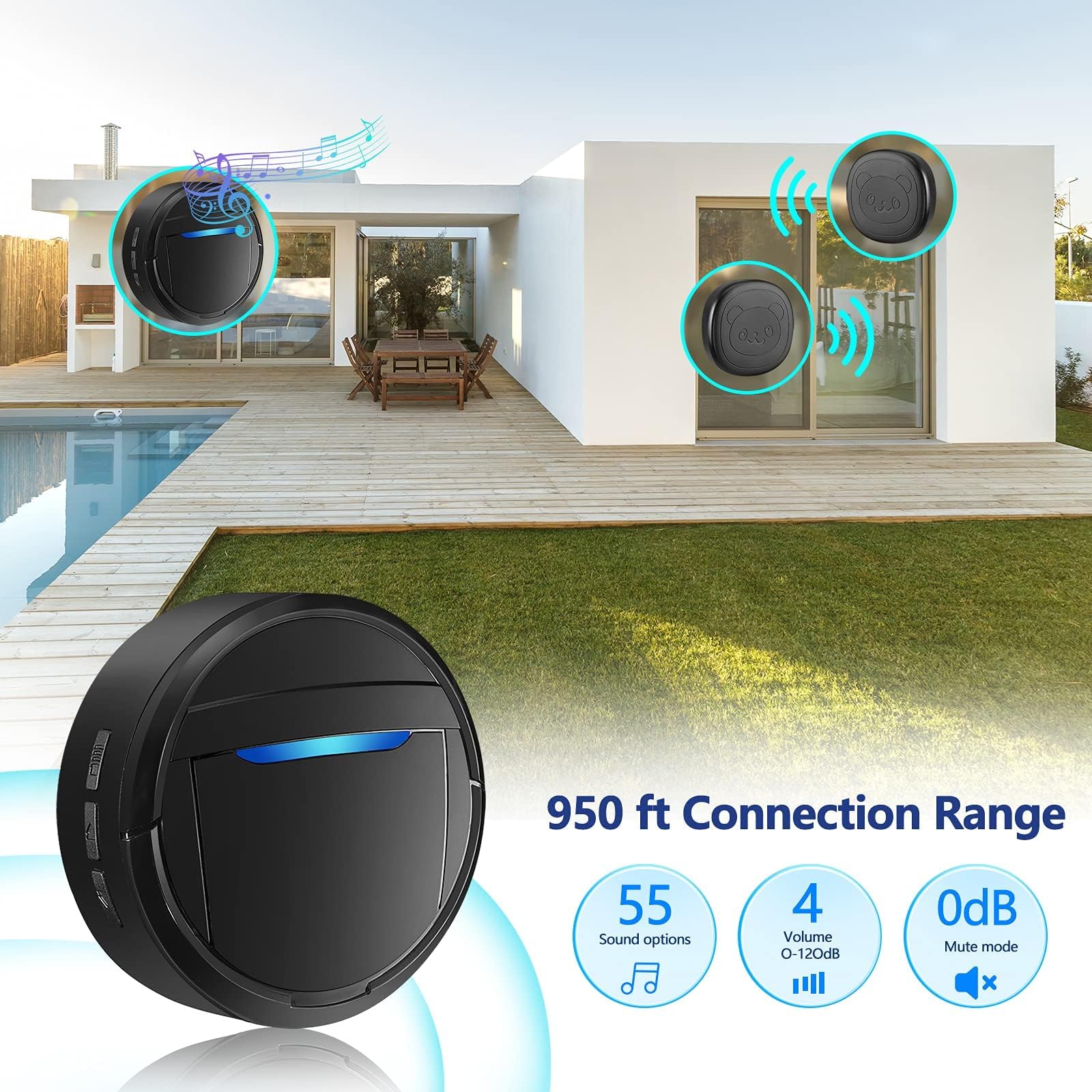 Wireless Dog Doorbell, Ring Bell to Go Outside, IP55 Waterproof Buttons, 55 Melodies, 4 Volume Levels and 950ft Range (Black, 2 Transmitters, 1 Reciever)