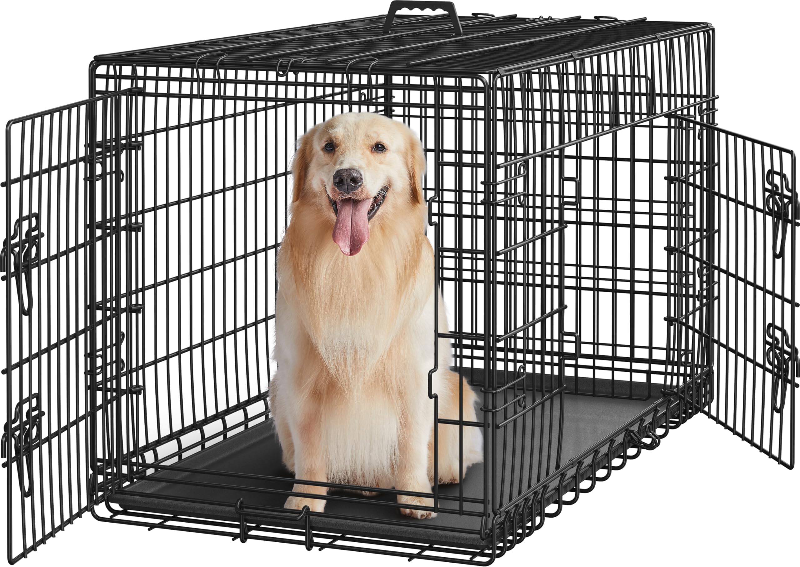 42 inch Dog Crate Double Door Dog Crate w/Divider for Puppy to Adult XL Collapsible Metal Dog Crate with Removable Tray Wire Dog Kennel Pet Crate for Large Dogs Portable Travel Cage, Black