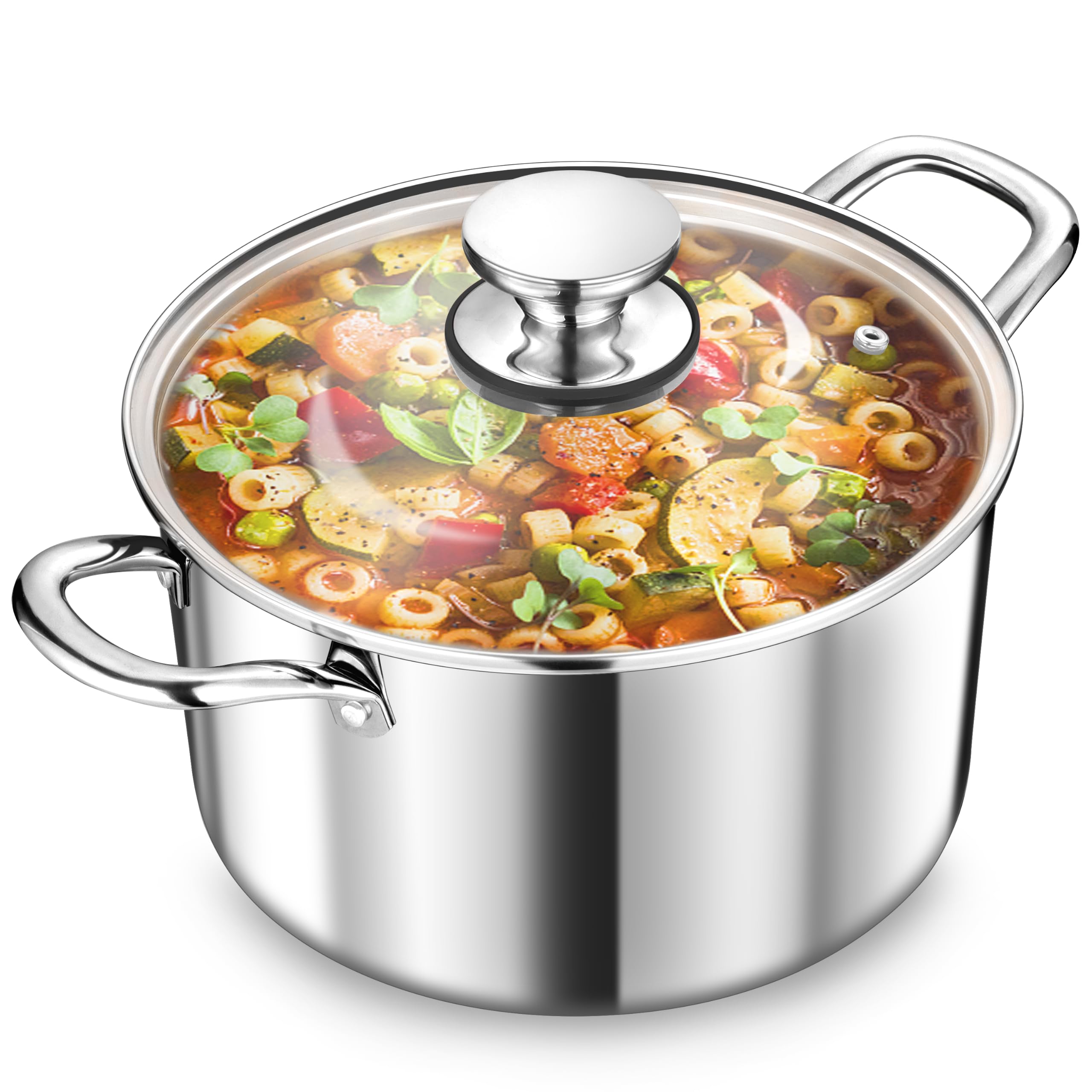 TEAMFAR Olla grande de 24 cm, 3 capas de acero inoxidable de 5,7 l, olla con tapa de cristal para todo tipo de cocinas, olla de sopa para pasta de inducción, acero inoxidable pulido y sin