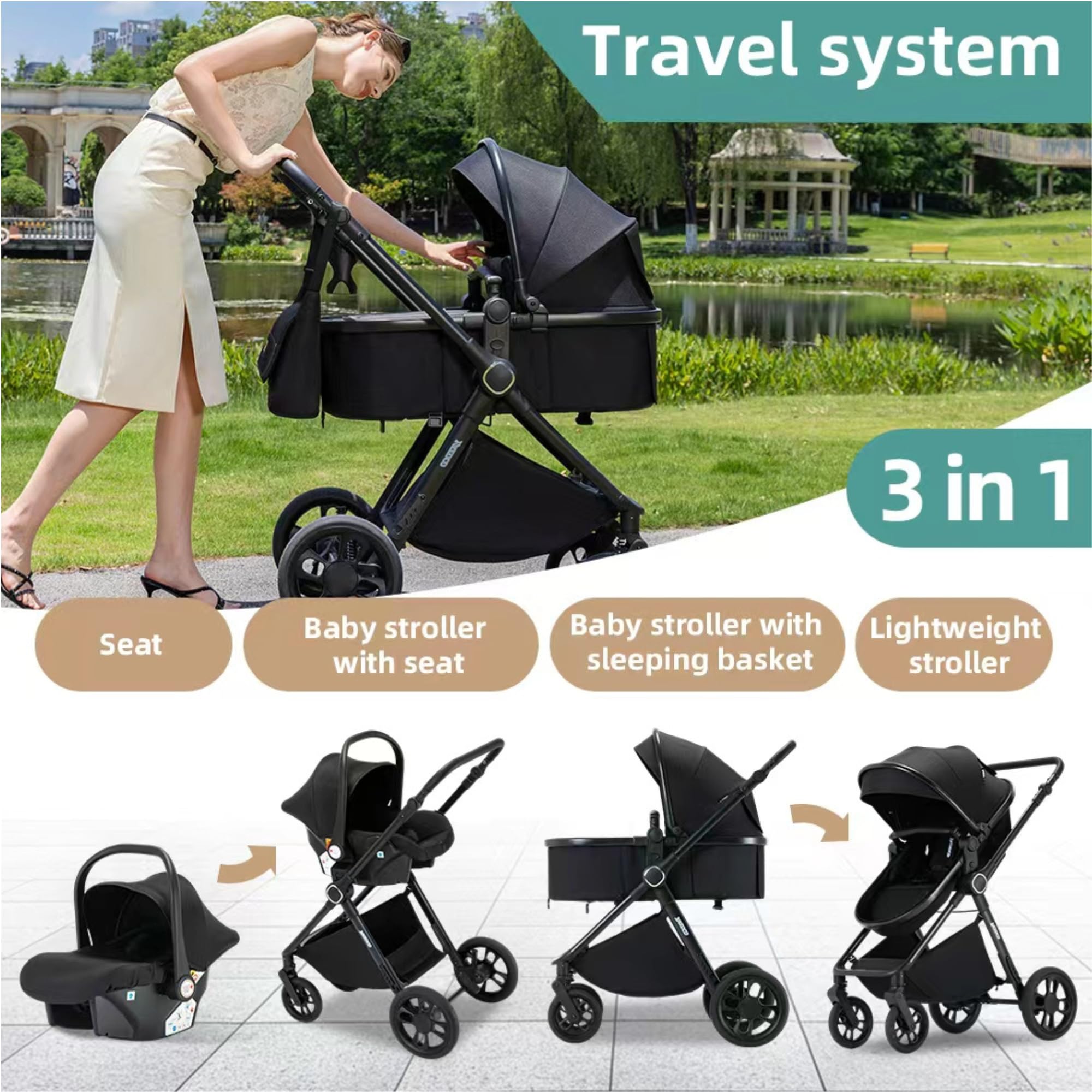 Passeggino trio 3 in 1 con seggiolino auto i-Size Pieghevole, sedile reclinabile, marcia bidirezionale, cinture a 5 punti, portata 0-25 kg, 0-4 anni (Verde)