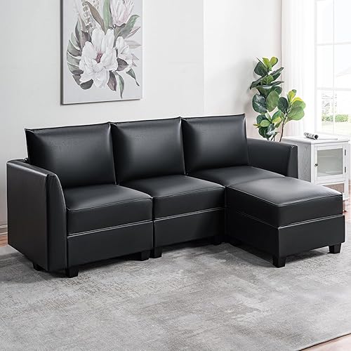 Miniatura 4 de Naomi Home Elizabeth - Sofá modular modular con almacenamiento en forma de L, sofá modular de 4 plazas para sala de estar, negro, cuero de aire